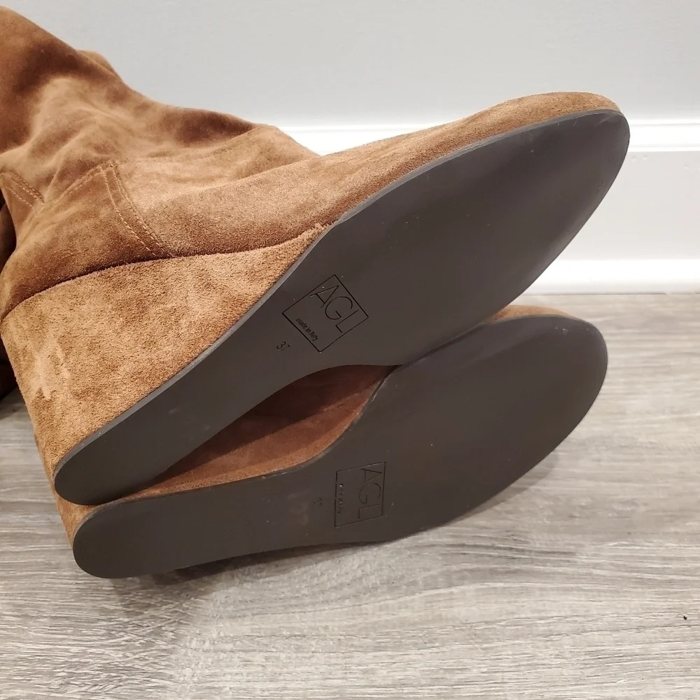 NEW AGL Brown Suede Over The Knee Wedge Boots